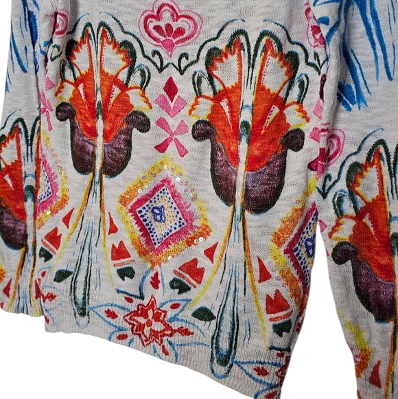 Desigual White Lightweight Cotton Sweater Colourful Florals Sequins Embroidery M - Picture 7 of 10